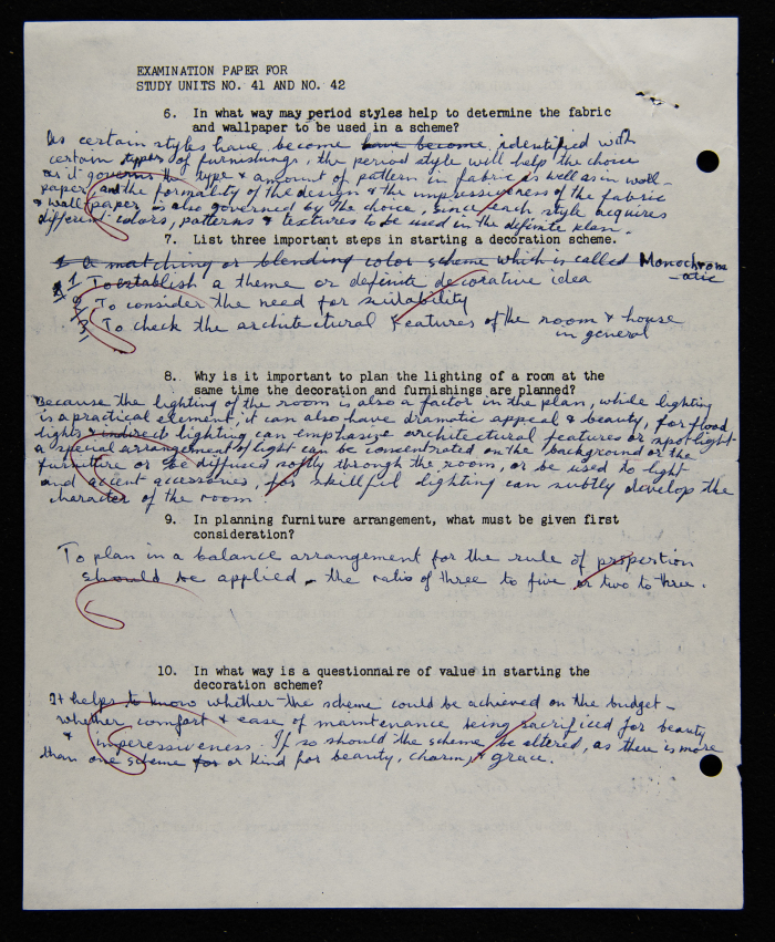An Examination Paper of Nahil Bishara During her Study at Chicago School of Interior Decoration, 1960-64
