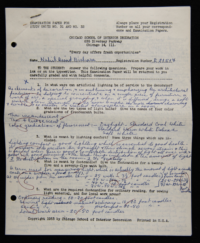An Examination Paper of Nahil Bishara During her Study at Chicago School of Interior Decoration, 1960-64
