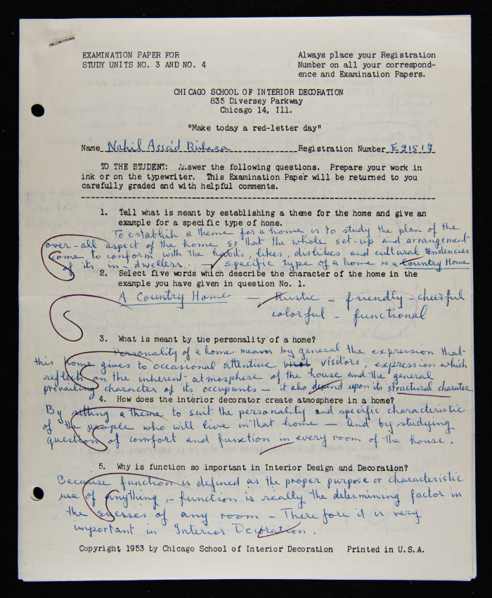 An Examination Paper of Nahil Bishara During her Study at Chicago School of Interior Decoration, 1960-64
