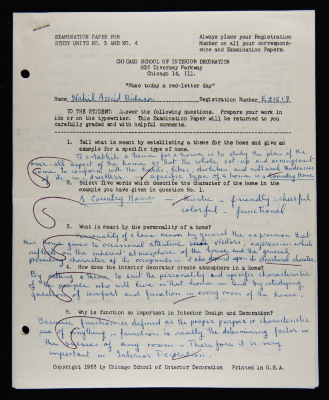 An Examination Paper of Nahil Bishara During her Study at Chicago School of Interior Decoration, 1960-64
