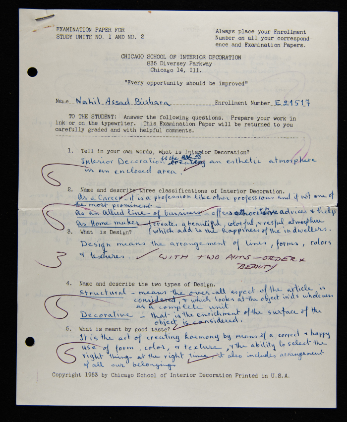 An Examination Paper of Nahil Bishara During her Study at Chicago School of Interior Decoration, 1960-64
