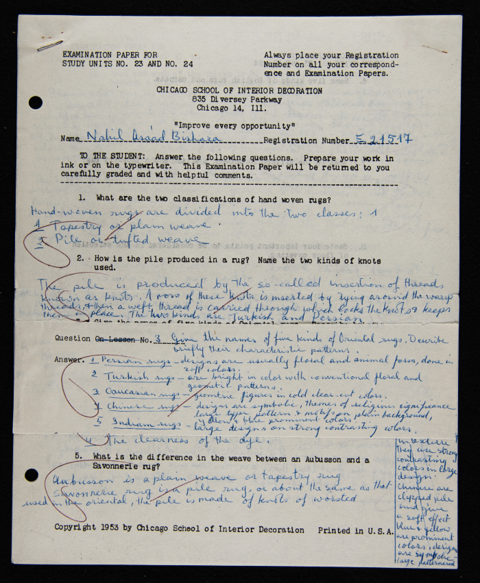 An Examination Paper of Nahil Bishara During her Study at Chicago School of Interior Decoration, 1960-64
