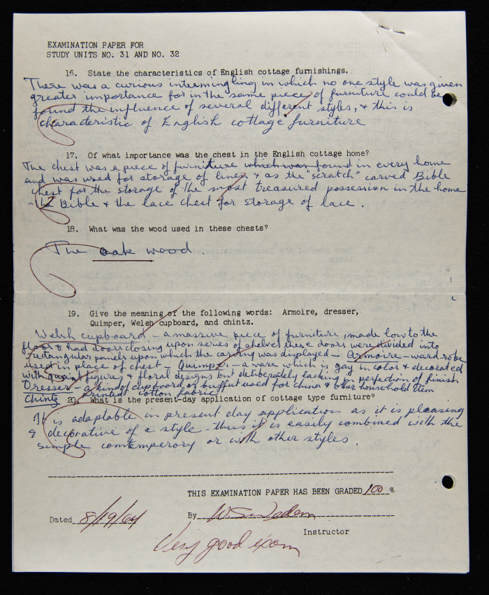 An Examination Paper of Nahil Bishara During her Study at Chicago School of Interior Decoration, 1960-64
