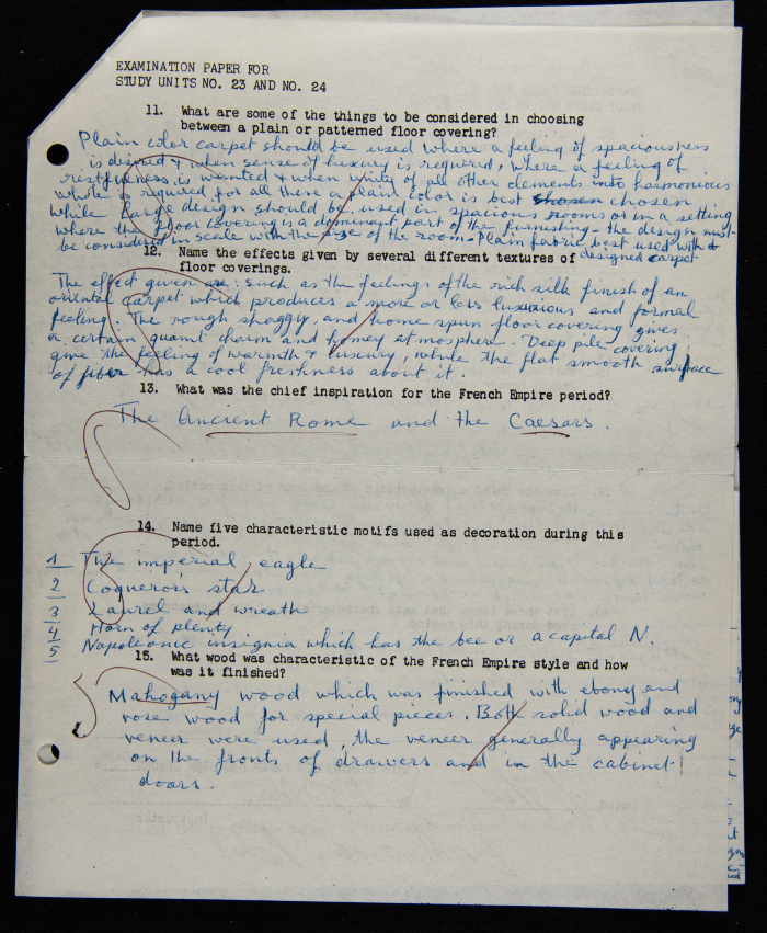 An Examination Paper of Nahil Bishara During her Study at Chicago School of Interior Decoration, 1960-64
