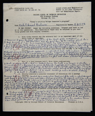 An Examination Paper of Nahil Bishara During her Study at Chicago School of Interior Decoration, 1960-64
