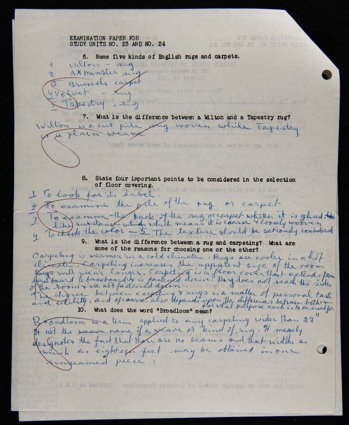 An Examination Paper of Nahil Bishara During her Study at Chicago School of Interior Decoration, 1960-64
