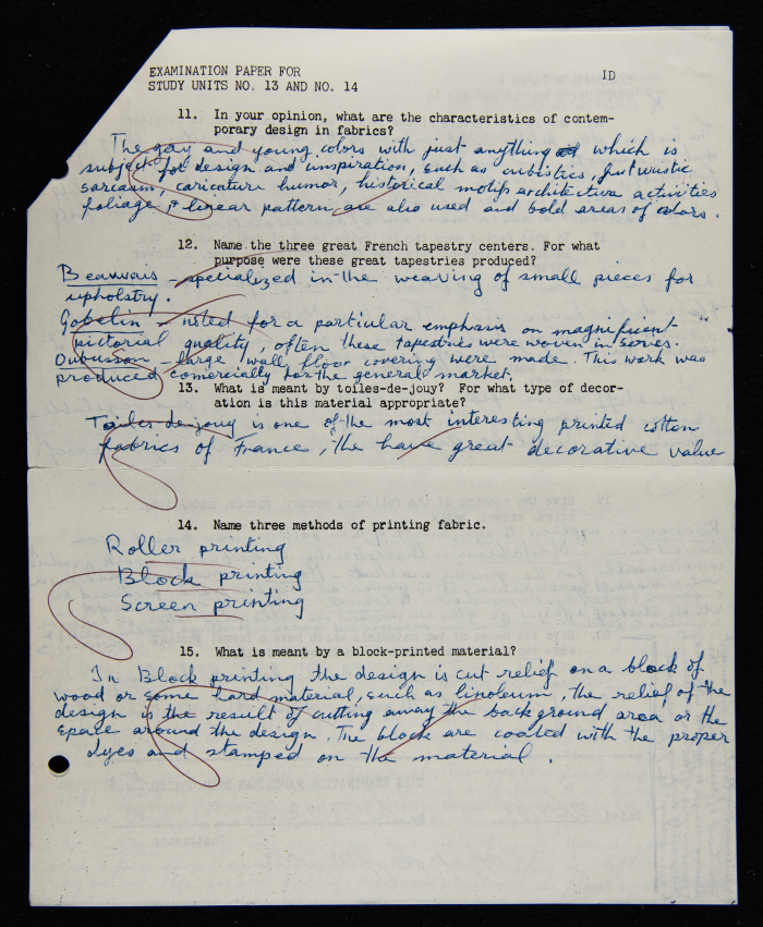 An Examination Paper of Nahil Bishara During her Study at Chicago School of Interior Decoration, 1960-64
