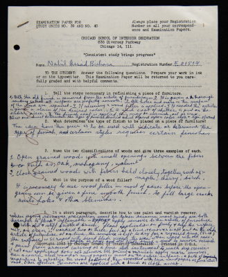 An Examination Paper of Nahil Bishara During her Study at Chicago School of Interior Decoration, 1960-64
