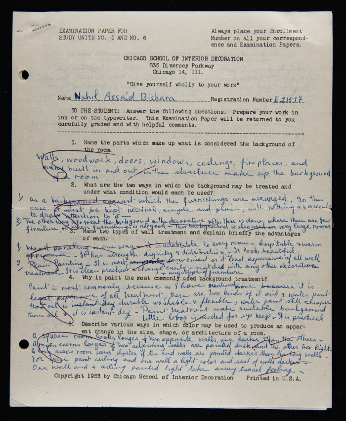 An Examination Paper of Nahil Bishara During her Study at Chicago School of Interior Decoration, 1960-64
