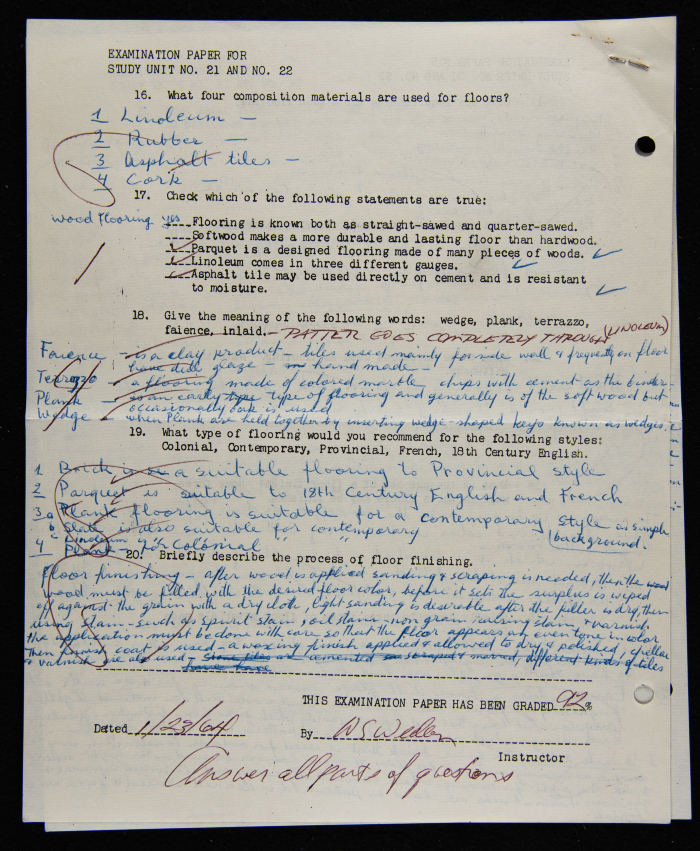 An Examination Paper of Nahil Bishara During her Study at Chicago School of Interior Decoration, 1960-64
