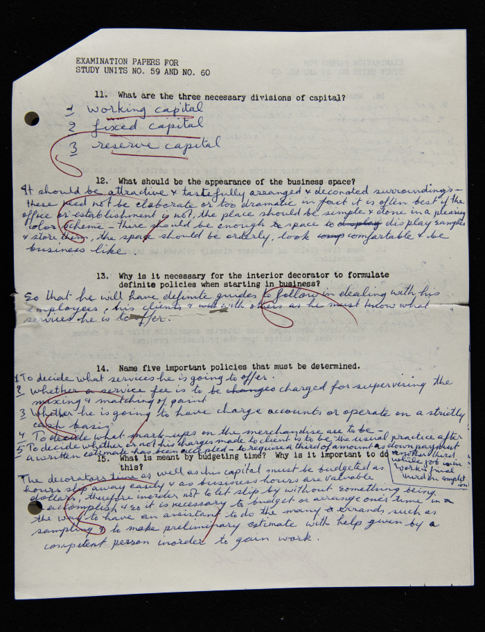 An Examination Paper of Nahil Bishara During her Study at Chicago School of Interior Decoration, 1960-64
