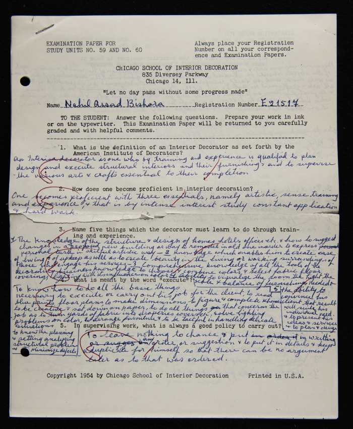 An Examination Paper of Nahil Bishara During her Study at Chicago School of Interior Decoration, 1960-64

