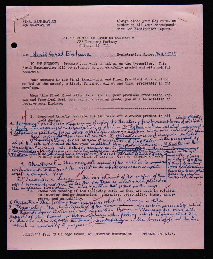 An Examination Paper of Nahil Bishara During her Study at Chicago School of Interior Decoration, 1960-64
