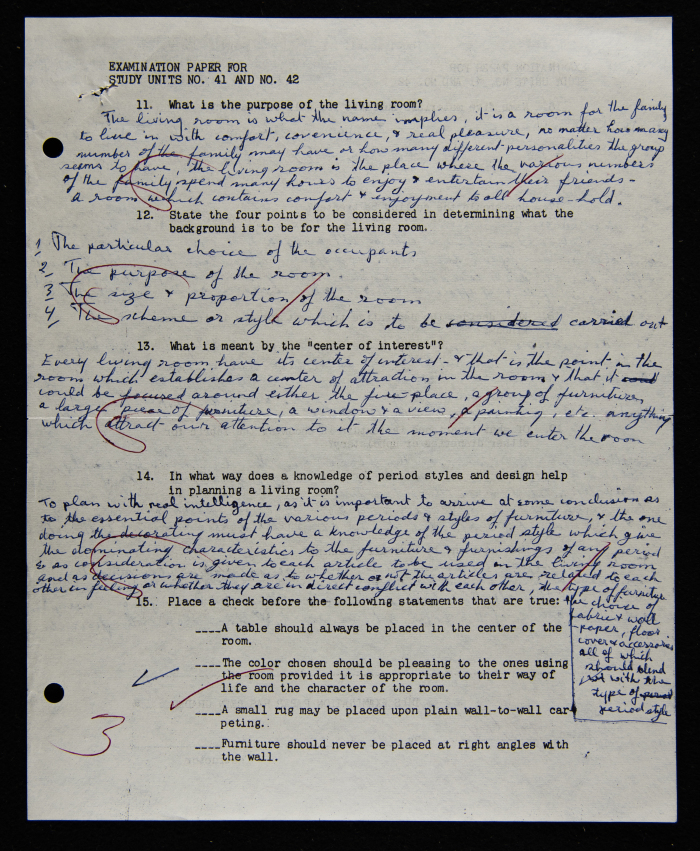 An Examination Paper of Nahil Bishara During her Study at Chicago School of Interior Decoration, 1960-64
