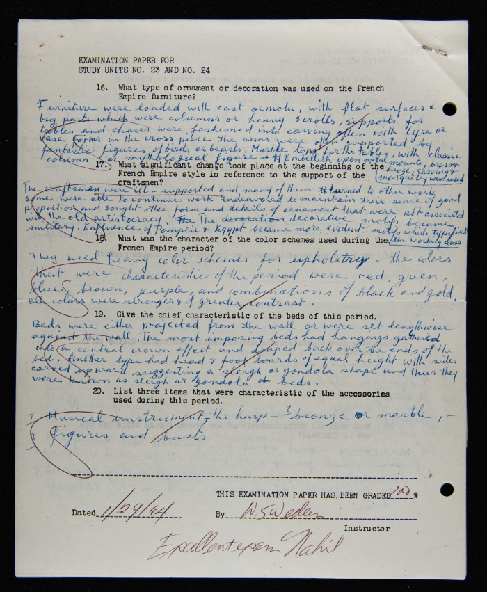 An Examination Paper of Nahil Bishara During her Study at Chicago School of Interior Decoration, 1960-64
