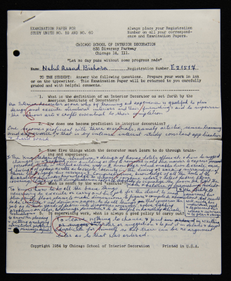 An Examination Paper of Nahil Bishara During her Study at Chicago School of Interior Decoration, 1960-64
