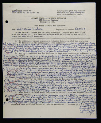 An Examination Paper of Nahil Bishara During her Study at Chicago School of Interior Decoration, 1960-64
