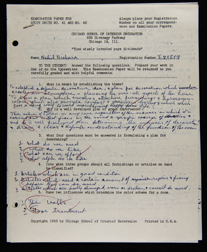 An Examination Paper of Nahil Bishara During her Study at Chicago School of Interior Decoration, 1960-64
