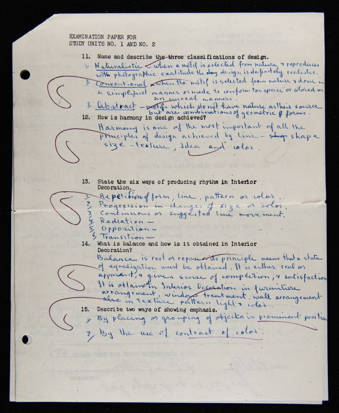 An Examination Paper of Nahil Bishara During her Study at Chicago School of Interior Decoration, 1960-64
