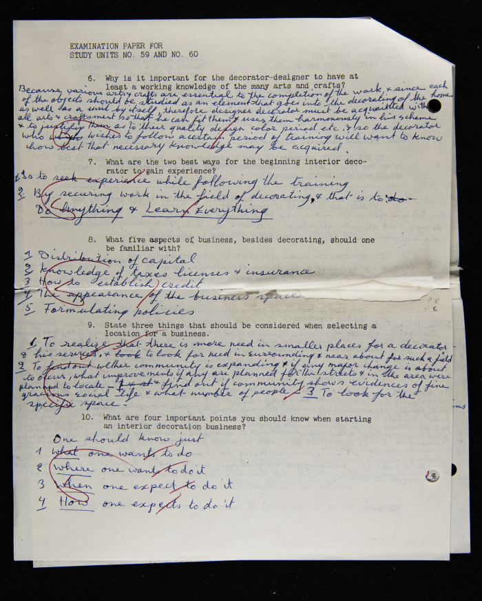 An Examination Paper of Nahil Bishara During her Study at Chicago School of Interior Decoration, 1960-64
