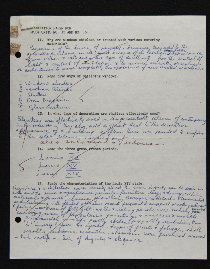 An Examination Paper of Nahil Bishara During her Study at Chicago School of Interior Decoration, 1960-64
