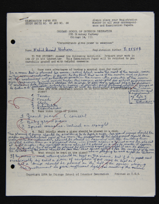 An Examination Paper of Nahil Bishara During her Study at Chicago School of Interior Decoration, 1960-64
