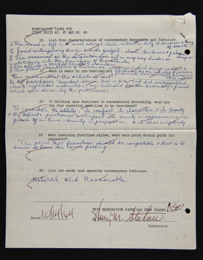 An Examination Paper of Nahil Bishara During her Study at Chicago School of Interior Decoration, 1960-64
