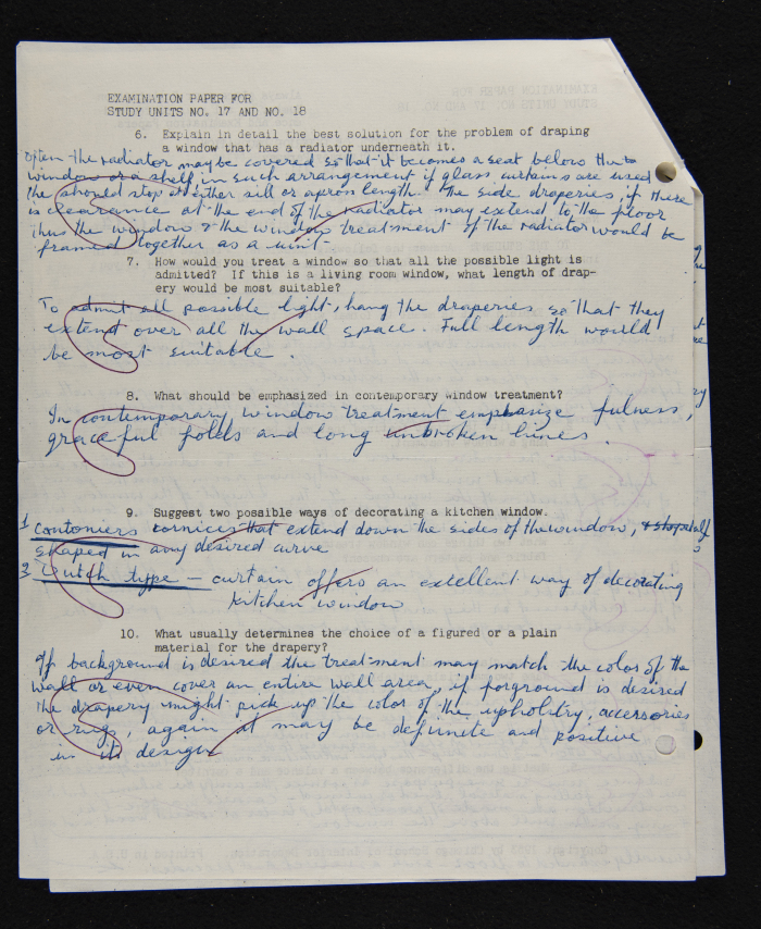 An Examination Paper of Nahil Bishara During her Study at Chicago School of Interior Decoration, 1960-64
