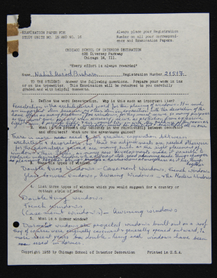 An Examination Paper of Nahil Bishara During her Study at Chicago School of Interior Decoration, 1960-64
