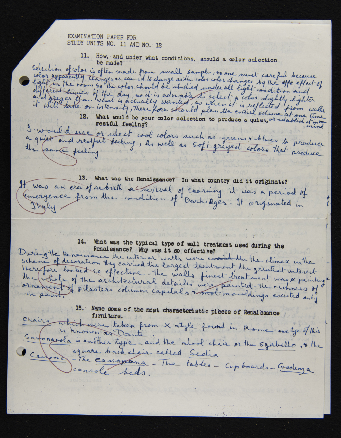 An Examination Paper of Nahil Bishara During her Study at Chicago School of Interior Decoration, 1960-64
