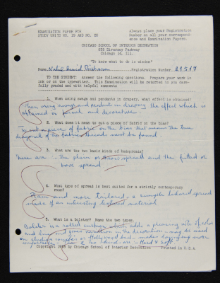 An Examination Paper of Nahil Bishara During her Study at Chicago School of Interior Decoration, 1960-64
