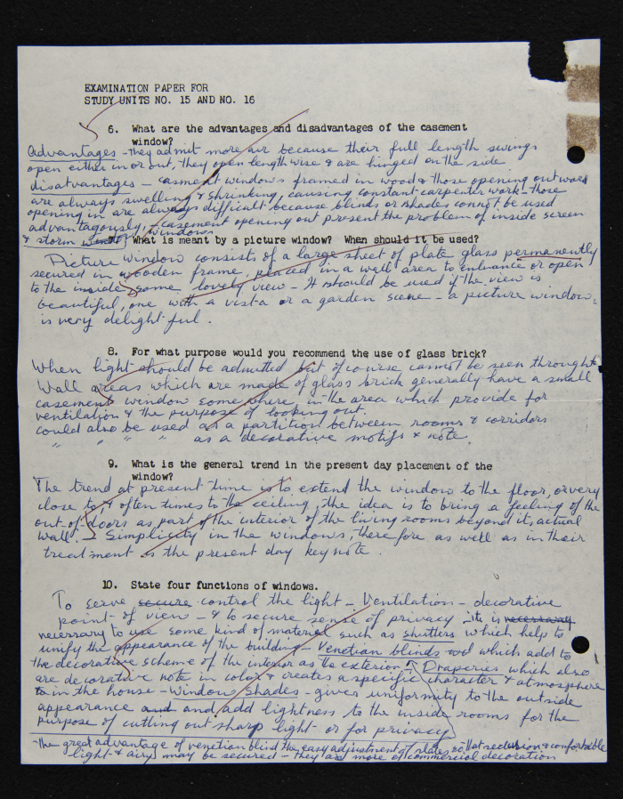 An Examination Paper of Nahil Bishara During her Study at Chicago School of Interior Decoration, 1960-64
