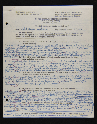 An Examination Paper of Nahil Bishara During her Study at Chicago School of Interior Decoration, 1960-64
