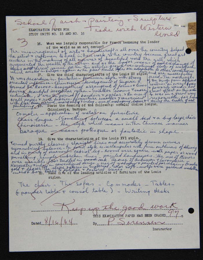 An Examination Paper of Nahil Bishara During her Study at Chicago School of Interior Decoration, 1960-64
