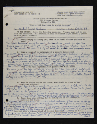 An Examination Paper of Nahil Bishara During her Study at Chicago School of Interior Decoration, 1960-64
