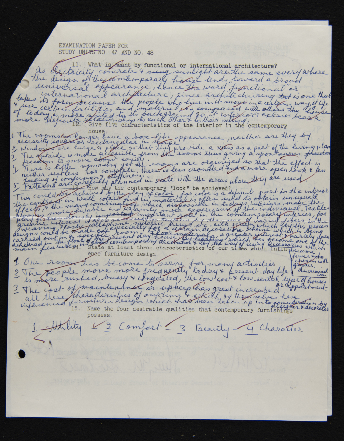 An Examination Paper of Nahil Bishara During her Study at Chicago School of Interior Decoration, 1960-64
