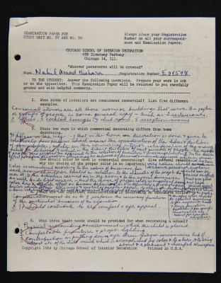 An Examination Paper of Nahil Bishara During her Study at Chicago School of Interior Decoration, 1960-64
