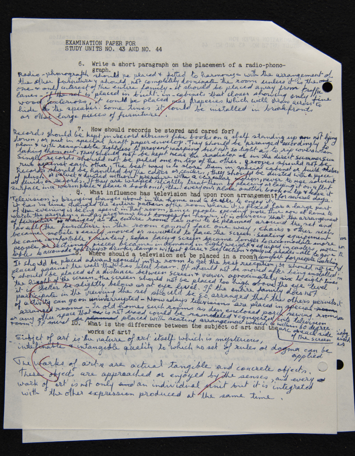 An Examination Paper of Nahil Bishara During her Study at Chicago School of Interior Decoration, 1960-64
