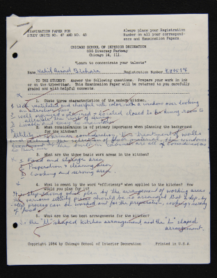 An Examination Paper of Nahil Bishara During her Study at Chicago School of Interior Decoration, 1960-64
