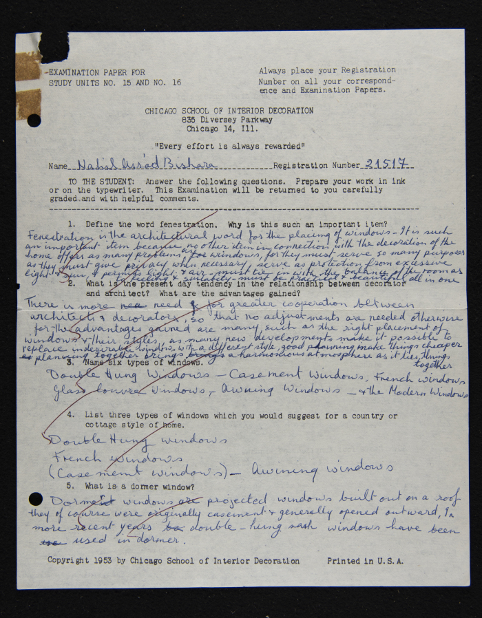 An Examination Paper of Nahil Bishara During her Study at Chicago School of Interior Decoration, 1960-64
