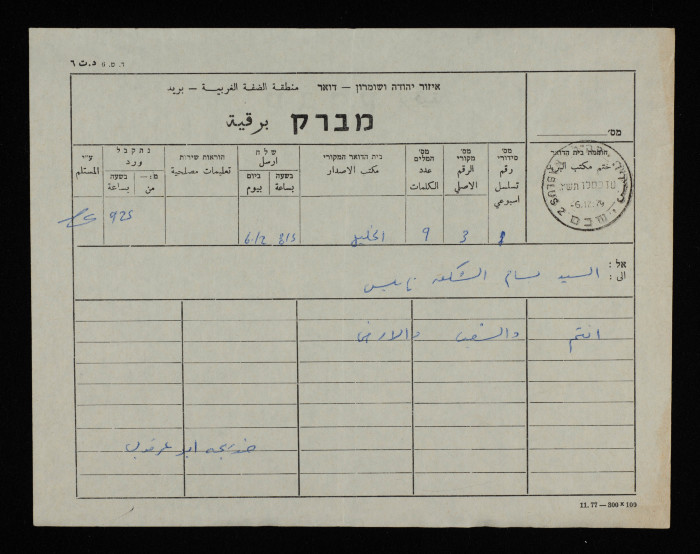 A Telegram from Khadijeh abu Arqub to Bassam ash-Shakʿa

