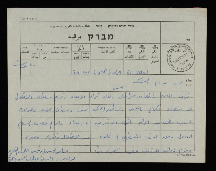 A Telegram from the Head of the Country Committee to Bassam ash-Shakʿa
