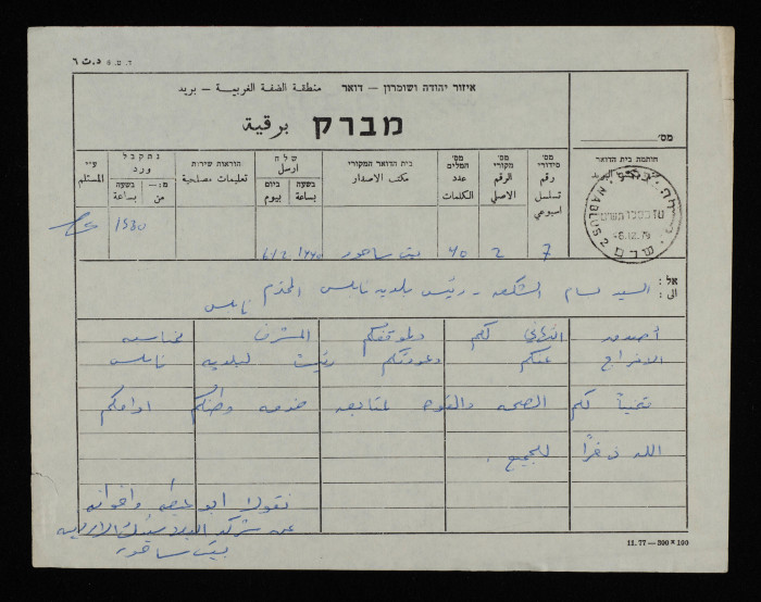 A Telegram from Nicola abu Ateyeh and Brothers to Bassam ash-Shakʿa

