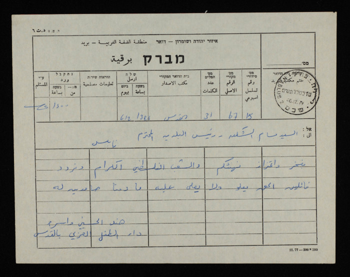 A Telegram from Hind al-Hesseini and the Dar el-Tifl al-Arabi Administration to Bassam ash-Shakʿa
