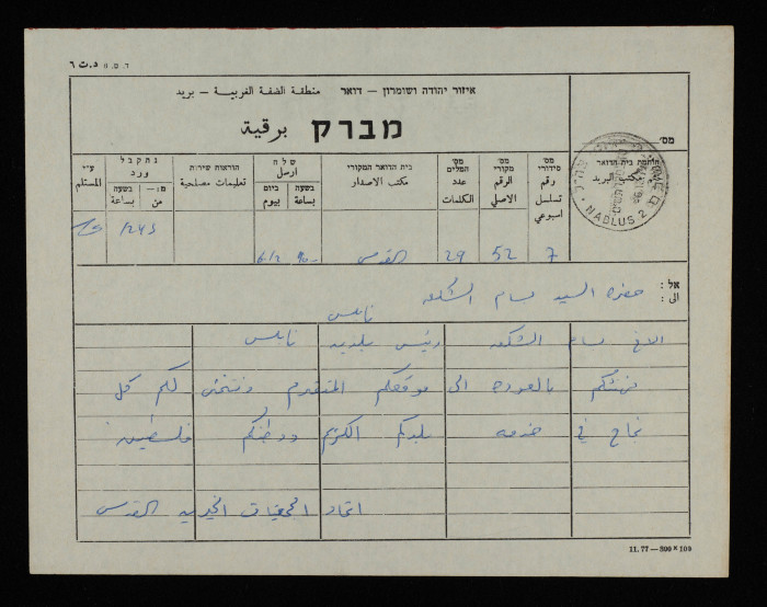 A Telegram from the Union of Charitable Societies Jerusalem to Bassam ash-Shakʿa
