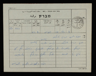 A Telegram from the Union of Charitable Societies Jerusalem to Bassam ash-Shakʿa
