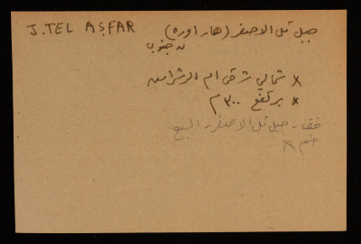 قصاصة توثق الإسم العربي والعبري لجبل تل الأصفر في بئر السبع