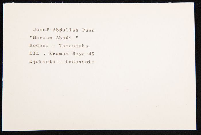 Jusuf Abdullah Puar's Contact Information, a Paper Clipping