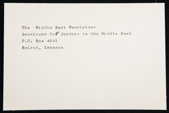 A Paper Clipping Documenting the Address of the Middle East Newsletter, Americans for Justice in the Middle East, Lebanon
