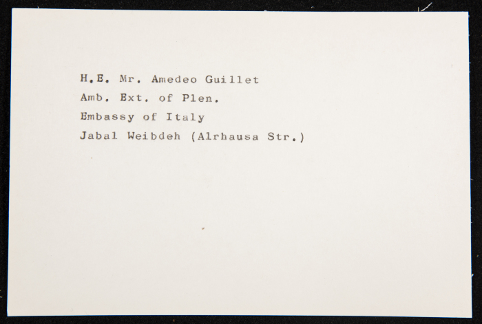 A Paper Clipping Documenting the Address of Mr Amedeo Guillet, Ambassador Extraordinary of Plenipotentiary, Embassy of Italy, Jordan